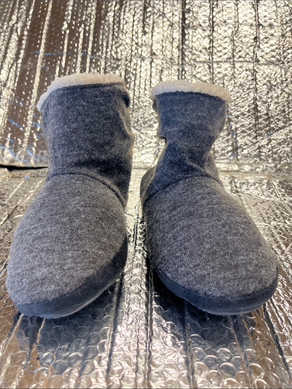 isotoner Kids Grey Fleece Bootie Slippers with Sherpa Cuff